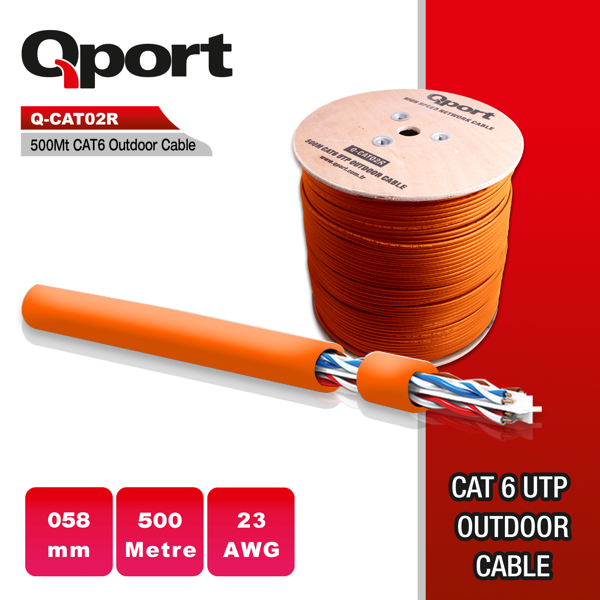 QPORT%20Q-CATO2R%20500MT%20UTP%20CAT6%20OUTDOOR%20NETWORK%20KABLO%20TURUNCU%2023AWG%200.58MM